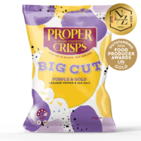 front image of big cut purple and gold cracked pepper and sea salt with awards sitting on the top right of the product image inspire new zealand artisan awards 2023 gold outstanding food producer awards 2024 gold