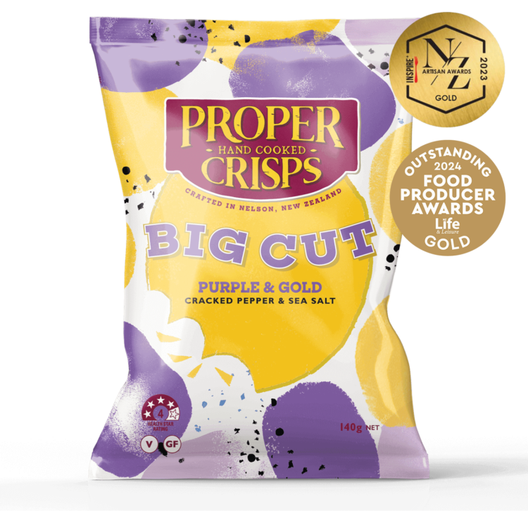 front image of big cut purple and gold cracked pepper and sea salt with awards sitting on the top right of the product image inspire new zealand artisan awards 2023 gold outstanding food producer awards 2024 gold