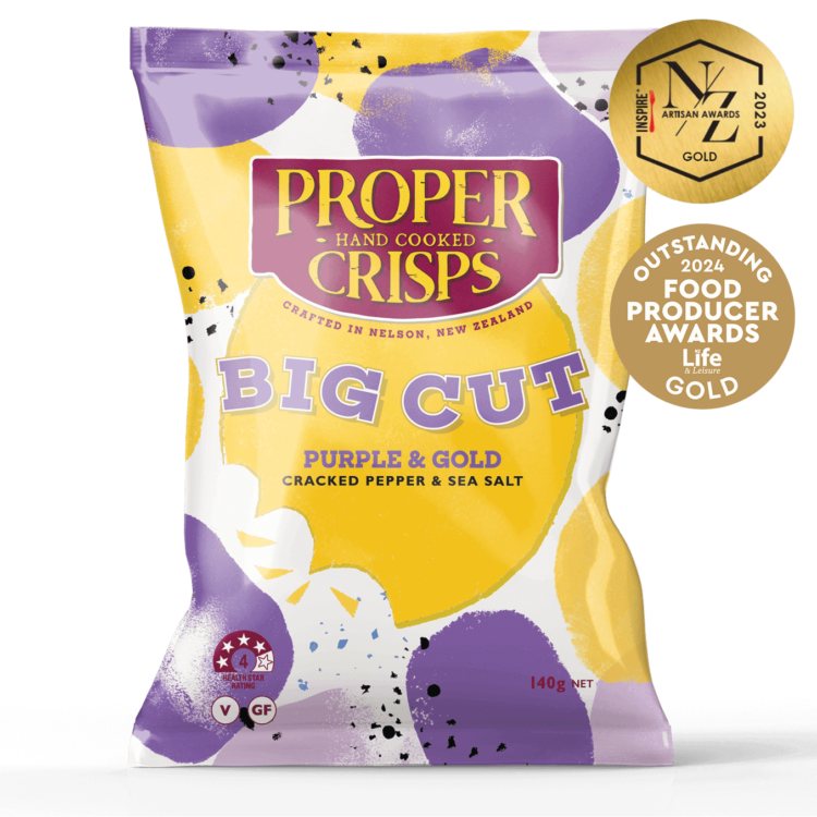 front image of big cut purple and gold cracked pepper and sea salt with awards sitting on the top right of the product image inspire new zealand artisan awards 2023 gold outstanding food producer awards 2024 gold