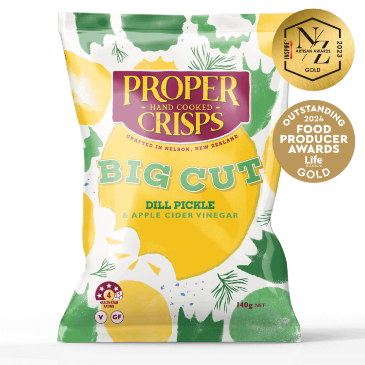 front image of big cut dill pickle and apple cider vinegar with awards sitting on the top right of the product image inspire new zealand 2023 artisan awards Gold outstanding food producer awards 2024 gold