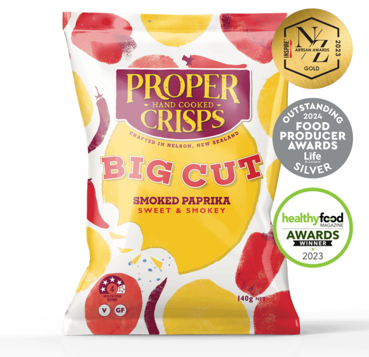 front image of big cut smoke paprika with 3 awards sitting on the right side of the product inspire new zealand artisan awards 2023 gold outstanding 2024 food producer awards silver healthy food magazine awards winner 2023