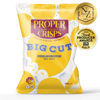 front image of marlborough sea salt big cut crisps with the awards sitting on the top right of the image new zealand artisan awards inspire 2023 gold and outstanding new zealand food producer awards 2023 gold