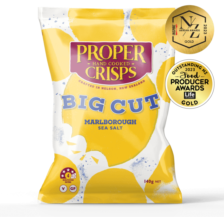 front image of marlborough sea salt big cut crisps with the awards sitting on the top right of the image new zealand artisan awards inspire 2023 gold and outstanding new zealand food producer awards 2023 gold
