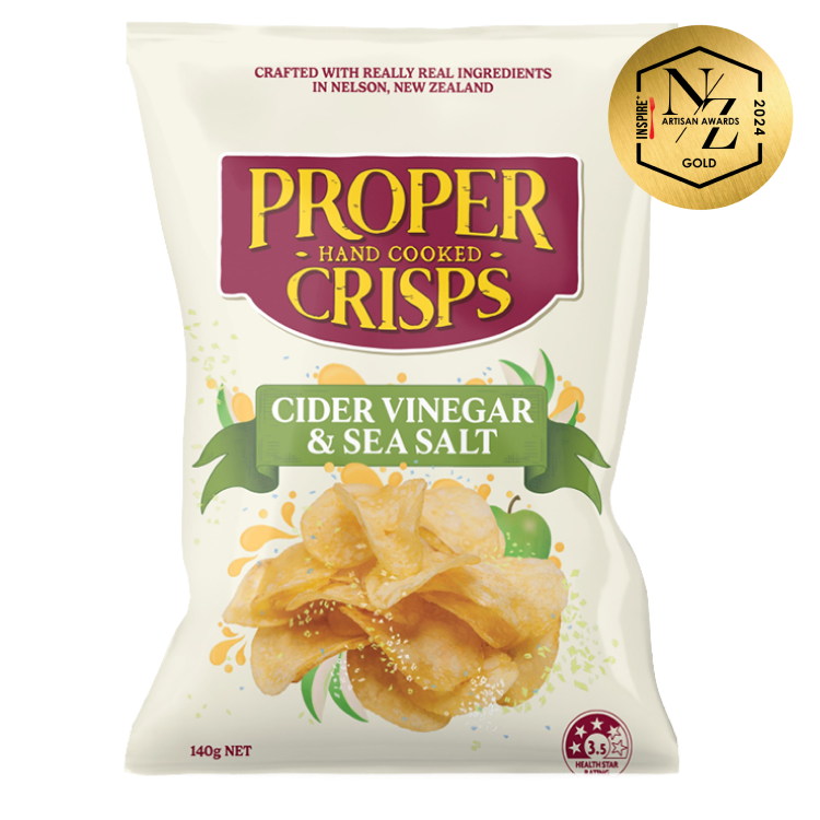 cider vinegar and sea salt crisps product render with the 2024 awards for Inspire NZ artisan awards - gold