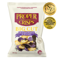 front image of big cut purple and gold cracked pepper and sea salt with awards sitting on the top right of the product image inspire new zealand artisan awards 2023 gold outstanding food producer awards 2024 gold