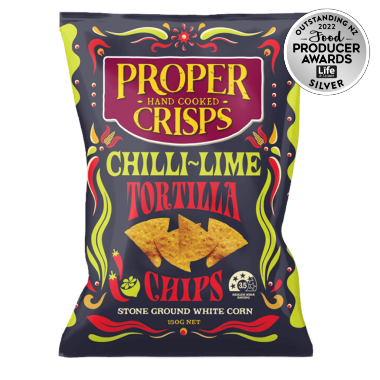 chilli-lime tortilla chips front image product shot with the award sitting on the top right of the image award is for winning silver on the 2022 food producer awards