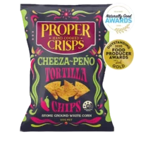 cheeza-peño tortilla chips front image product shot with the award sitting on the top right of the image award is for winning the 2023 naturally good awards