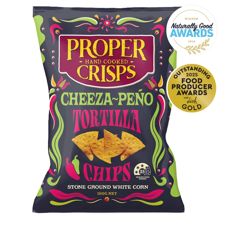cheeza-peño tortilla chips front image product shot with the award sitting on the top right of the image award is for winning the 2023 naturally good awards
