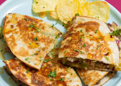 Crispy Beef Quesadillas with Pickles & Hot Honey